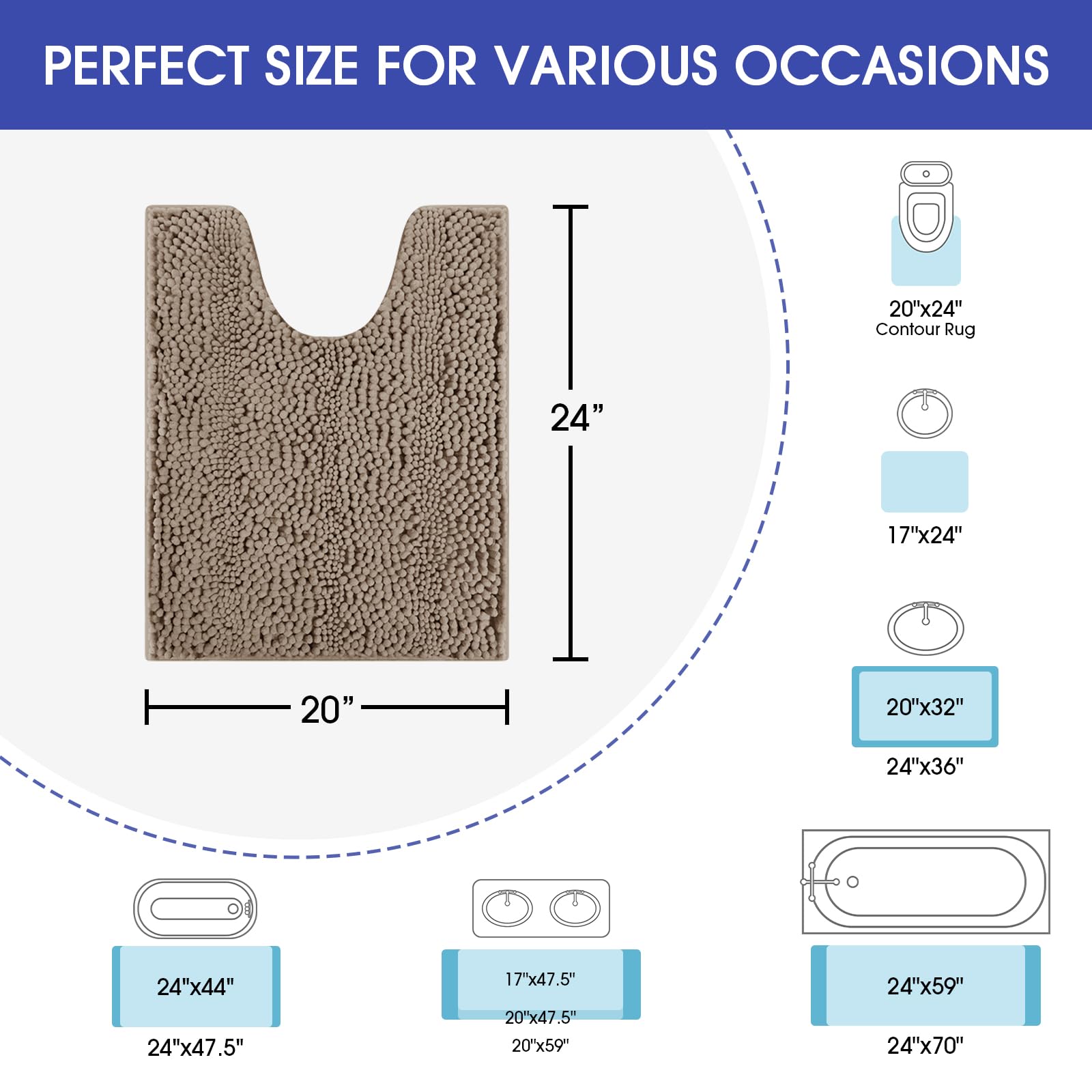 Accumtek Striped Dark Beige Toilet Bathroom Rug Mat 24'' X 20'' Contour Rug Ultra Soft, Non Slip Chenille Bath Rugs, Absorbent P